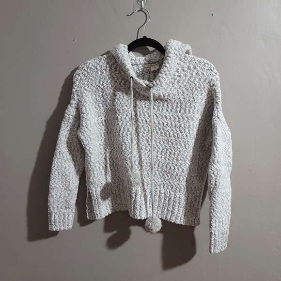 YET AGAIN White & Gray Soft Knit Hooded Pullover Pom Pom Sweatshirt - SIZE SMALL - Picture 6 of 10